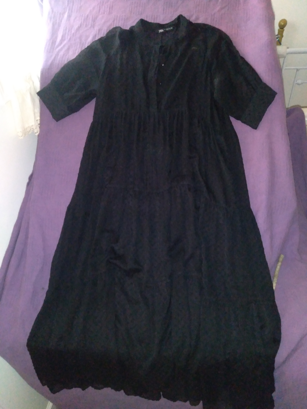 Long Sheer Black Button-Front Dress With Tiny Polka Dots